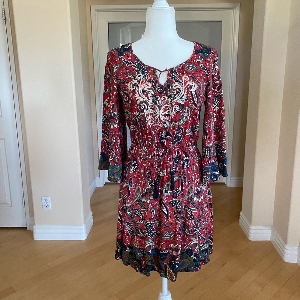 Flying Tomato Multicolor Boho Paisley Embroidered Long Bell Sleeve Dress